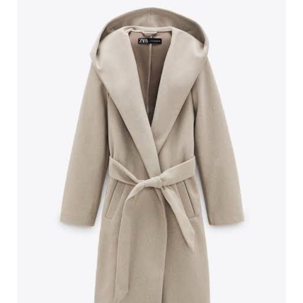 Zara beige cream Hooded Wrap Coat L